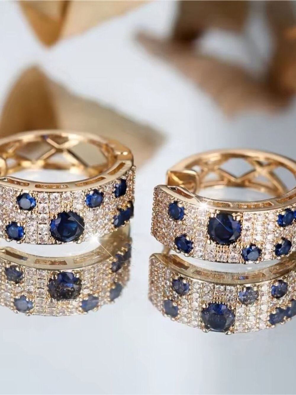 Gold Hoop Earrings with Sapphire Blue Crystals